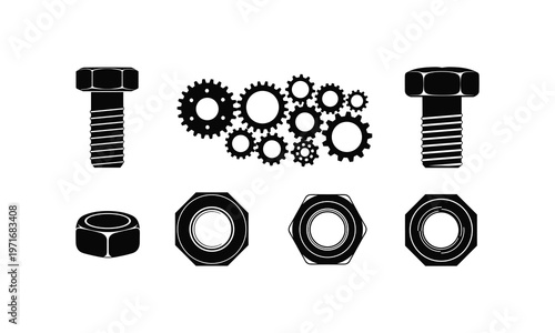 Collection of common mechanical fasteners and gears for machinery assembly