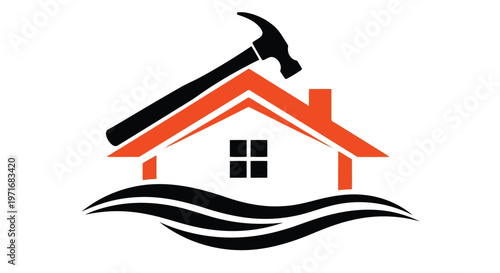 A hammer resting atop a stylized house symbolizing home improvement and construction