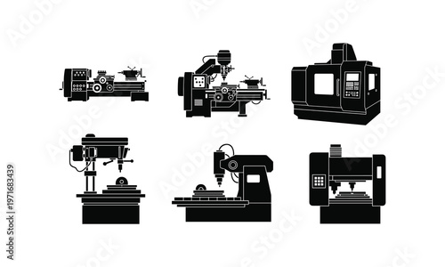 Variety of industrial machining tools and cnc machines in operation
