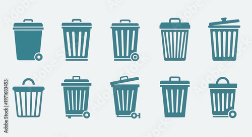 Collection of diverse waste bins for recycling and trash disposal in urban settings