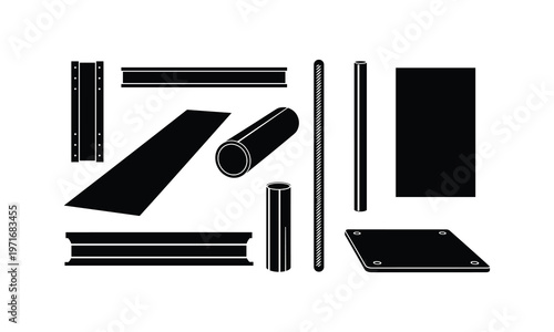 Assorted black metal framing and structural components for construction or design projects