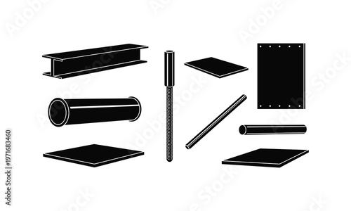 Assorted metal structural components and fasteners illustration