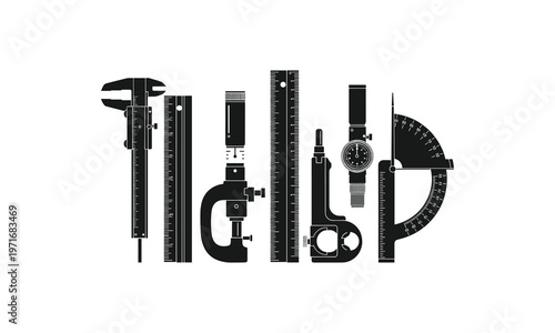 Assorted precision measuring and drawing tools arranged to form a letter p.