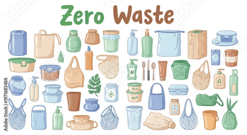Diverse collection of reusable containers promoting zero waste lifestyle choices