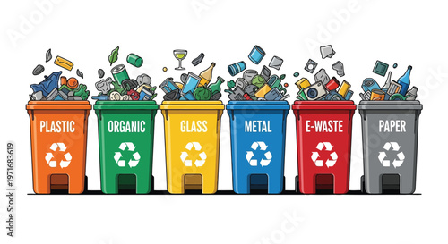 Color-coded bins for different types of waste recycling and disposal