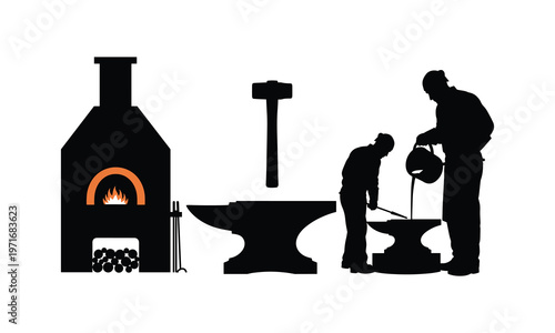 Blacksmiths working with a forge and anvil in a traditional setting