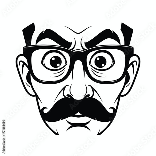 A striking black and white illustration of a man with a large mustache and thick rimmed glasses conveying a quirky expression