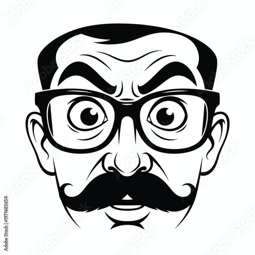 Stylized black and white portrait of a man with a mustache and glasses
