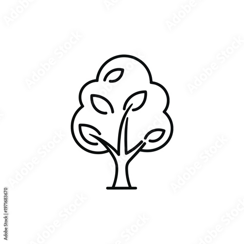 Minimal Line Art Tree Illustration with Leaves and Trunk on White Background.