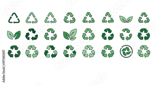 Collection of diverse eco-friendly recycling symbols and natural elements
