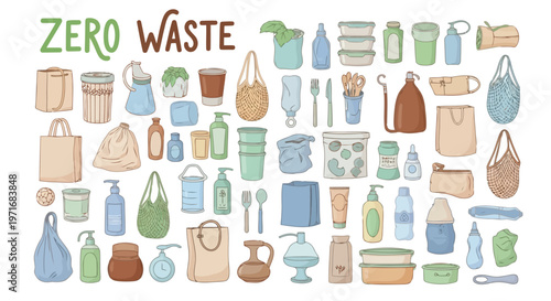 A diverse collection of reusable containers and items promoting zero waste lifestyle