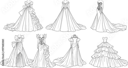 Schilderij op canvas Collection of Seven Different Bridal Wedding Gown Vector Illustrations Featuring