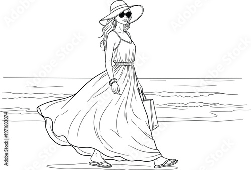 Minimalist Line Art Vector Illustration of a Fashionable Woman Walking in a Flowing Maxi Dress and a Summer Sun Hat