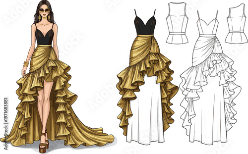 Fashion Illustration and Technical Flat Sketch of Women High Low Gold Ruffle Evening Dress with Black Bodice and Design Templates
