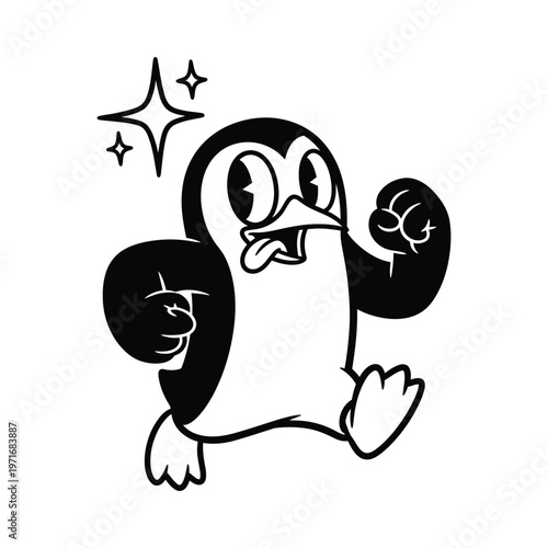 Title playful penguin mascot a cartoon illustration of a running penguin with sparkling stars description a vibrant cartoon penguin is depicted running with a joyful