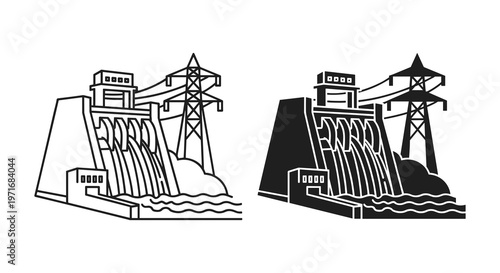 Hydroelectric dam, power plant, vector icons, black and white