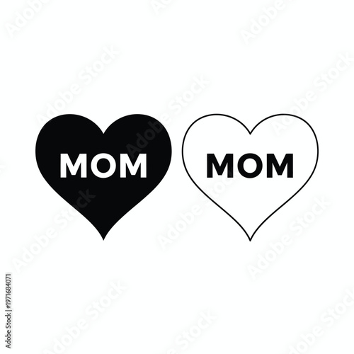 Two heart shaped designs with 'mom' text a black and white illustration of maternal love