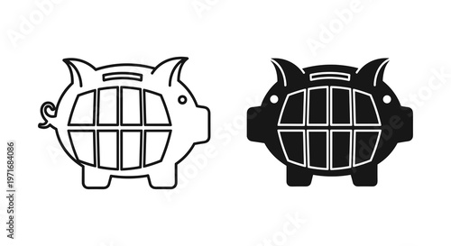 Piggy bank icons, saving money symbols, finance illustrations, black and white vector graphics