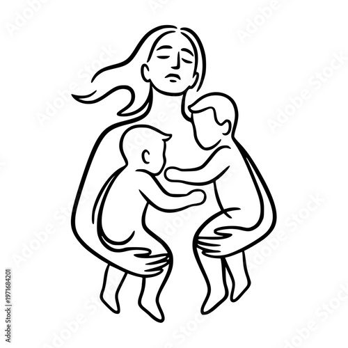 Line art of a woman holding two children in minimal style on white background, symbolizing care and family love. Concept of maternal and parental burnout
