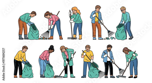 Diverse group of people participating in community cleanup activities.