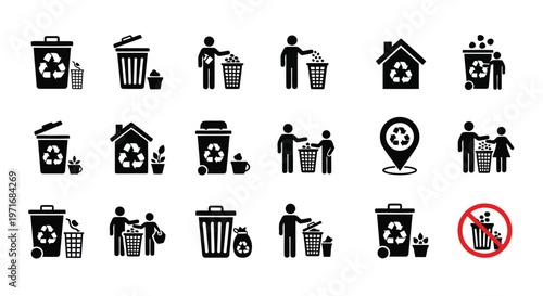 Icons representing various waste management and recycling activities and symbols