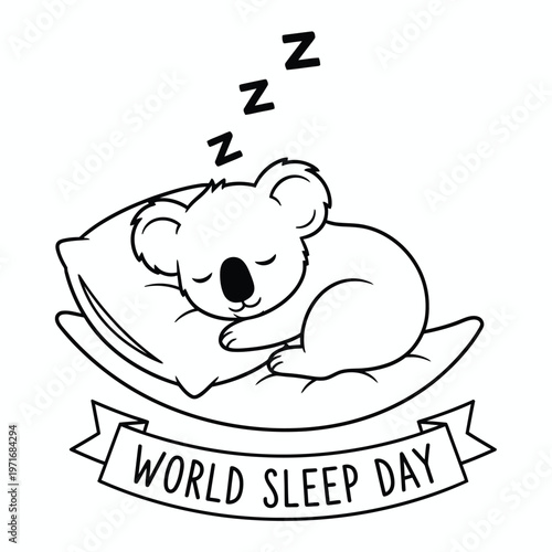 Charming cartoon koala sleeping on a pillow with 'world sleep day' banner illustration