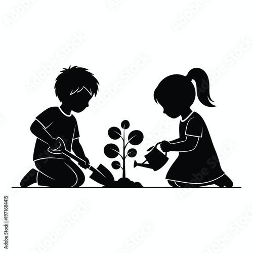 Children gardening a silhouette of growth and nurturing symbolizing environmental responsibility and childhood innocence