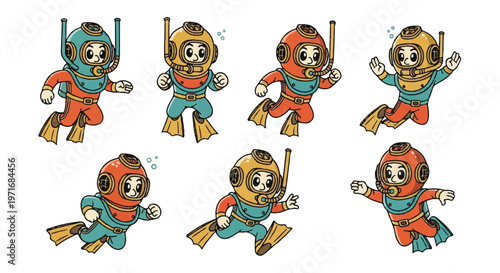 Cartoon divers in colorful vintage diving suits isolated on white