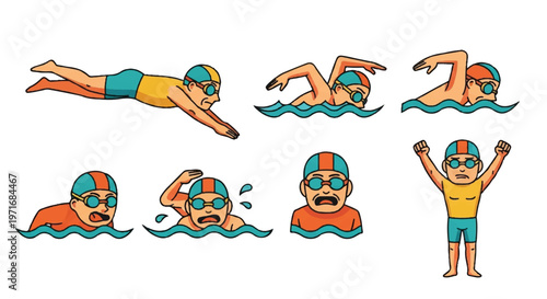 Swimming athletes in various styles illustration set