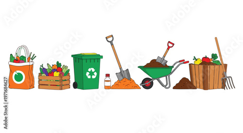 Collection of gardening and recycling tools arranged in a row