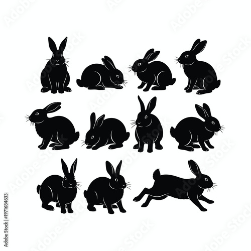 A collection of black silhouette rabbits in various poses showcasing different rabbit breeds and behaviors