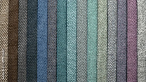 A variety of fabrics in different colors, photographed close-up in a store or factory. Samples of multicolored fabrics.