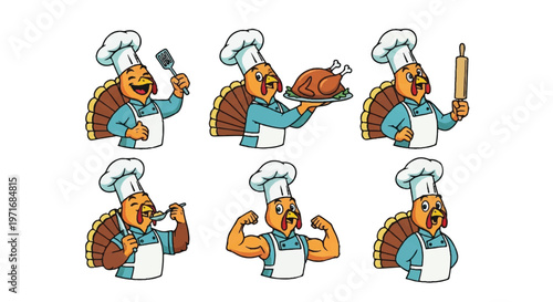 Cartoon turkey chef poses culinary preparation and presentation illustrations