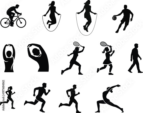 Sports and Fitness Silhouette Set with Running Jumping Skipping and Exercise Activities Black Vector Icons Collection