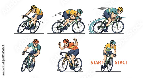 Cyclist action series cycling illustration set for sports and fitness