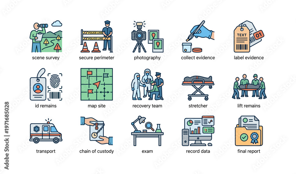 Obraz premium Forensic investigation process icons including survey, evidence collection, analysis, reporting