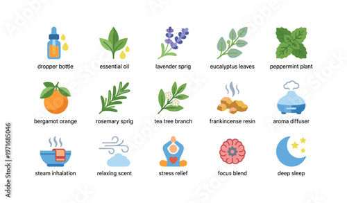 Aromatherapy elements: essential oils, herbs, and relaxation symbols for wellbeing