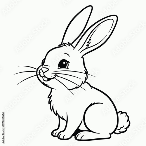Charming black and white illustration of a sitting rabbit with long ears