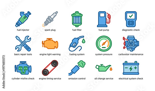 Car maintenance icons for fuel systems, engine check, and repair tools