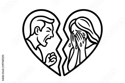 Illustration of a man shouting and a woman crying inside a broken heart outline on white background, Concept of divorce, misunderstanding in family.