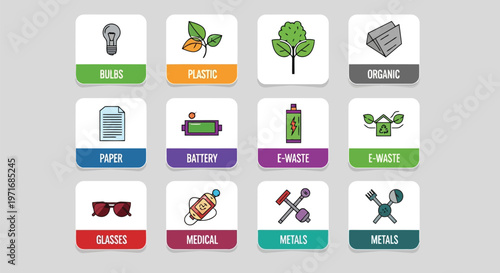 Icons representing various eco-friendly and sustainable lifestyle choices and products