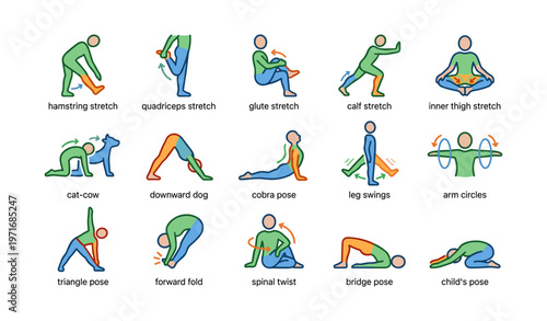 Illustrated guide to stretching and yoga poses for flexibility and relaxation