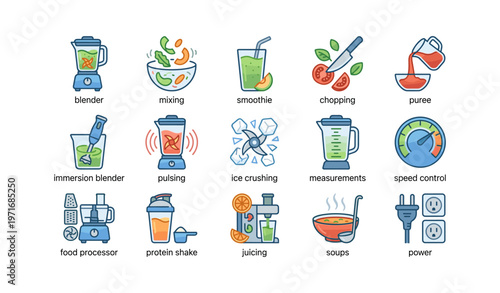 Kitchen appliance icons: blender, smoothie, chopping, and more