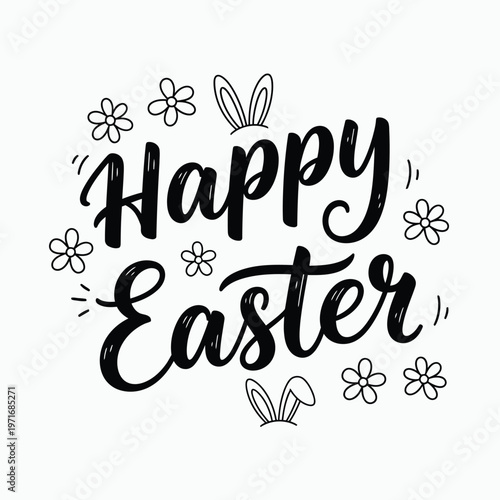 Hand lettered 'happy easter' greeting with floral and butterfly decorations