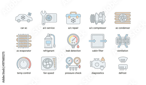 Car ac service icons: repair, compressor, condenser, leak detection