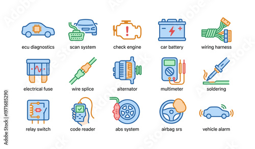Automotive diagnostic icons: tools and systems for vehicle maintenance