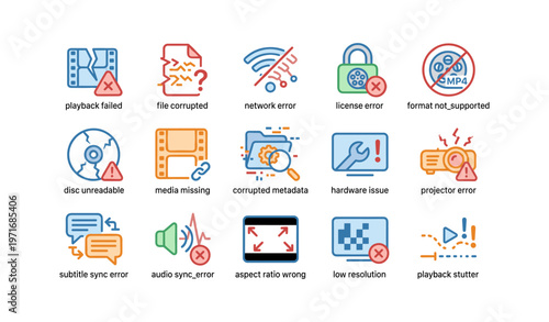 Multimedia error icons illustrating playback issues and troubleshooting solutions