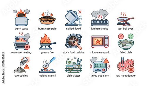 Kitchen hazards: cooking mistakes, spills, and fire safety icons