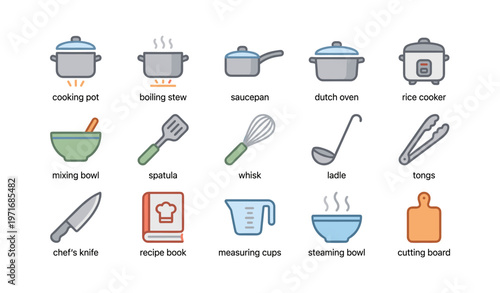 Kitchen utensils collection including cookware and cutlery