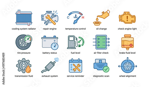 Car maintenance icons: coolant, repair, temperature, oil, engine light, tire, battery, fuel, air, brake, transmission, exhaust, service, diagnostics, wheel alignment